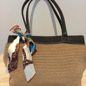 The SAK Tan Crocheted Handbag with Brown Faux Leather Trim, Scarf & Bag Charm
